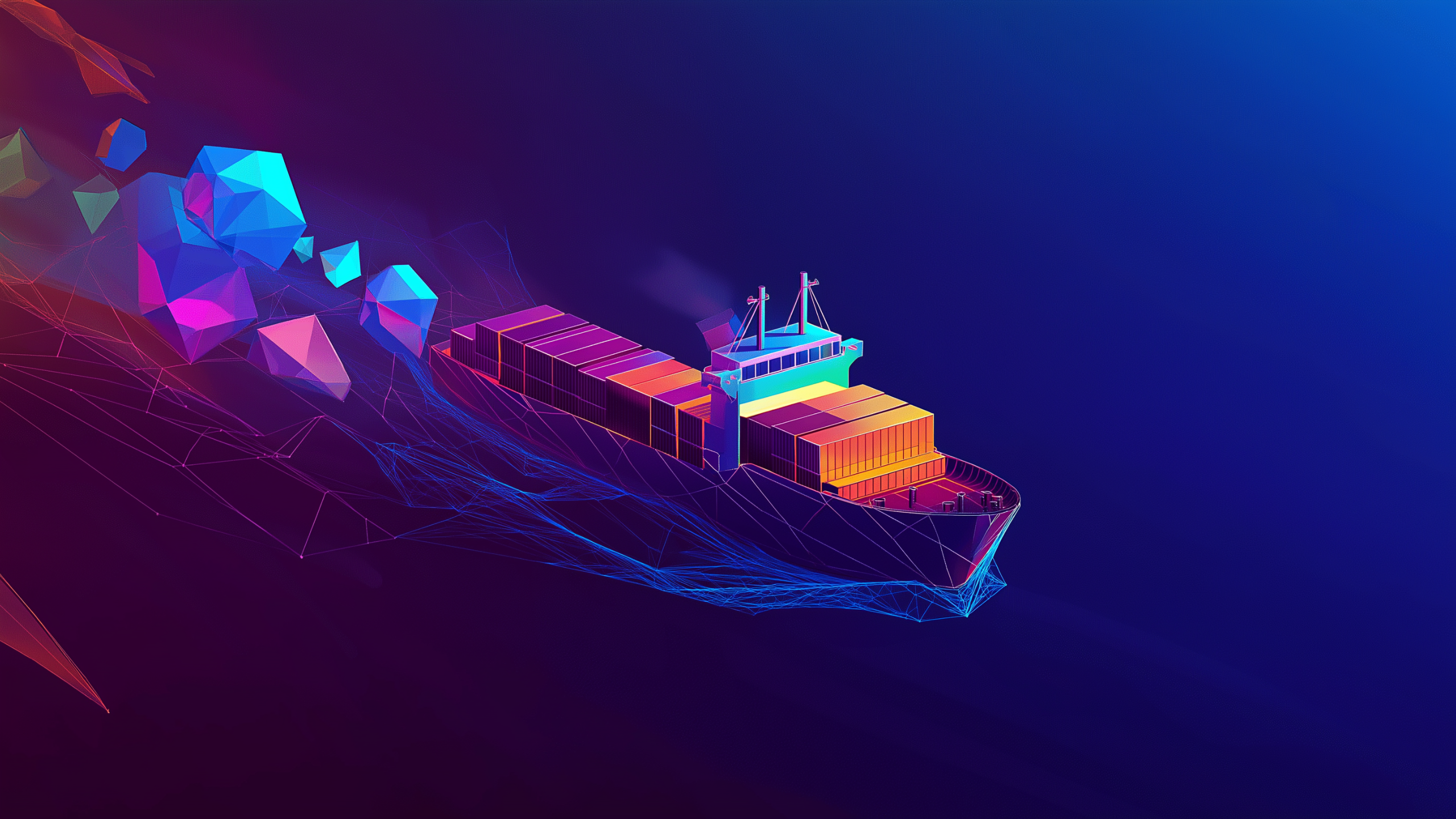 Digital illustration of a container ship with polygonal design elements and vibrant colors, representing AI-driven technology in modern ship management.