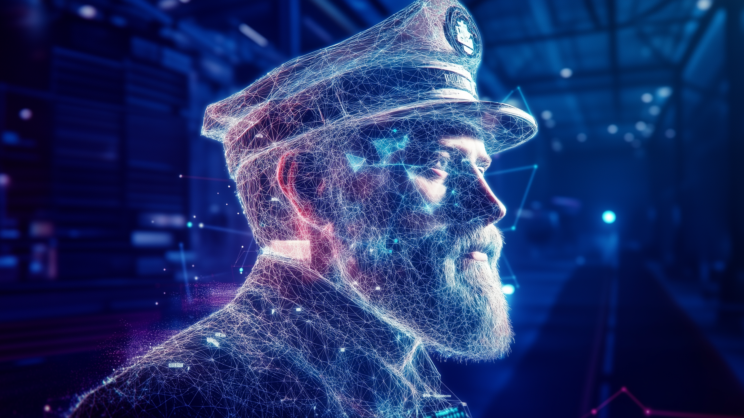 "Digital illustration of a bearded man wearing a naval-style captain's hat, rendered in a futuristic and holographic style with glowing network-like lines and nodes. The background is dimly lit, suggesting a high-tech environment with a focus on vibrant blue and purple hues."