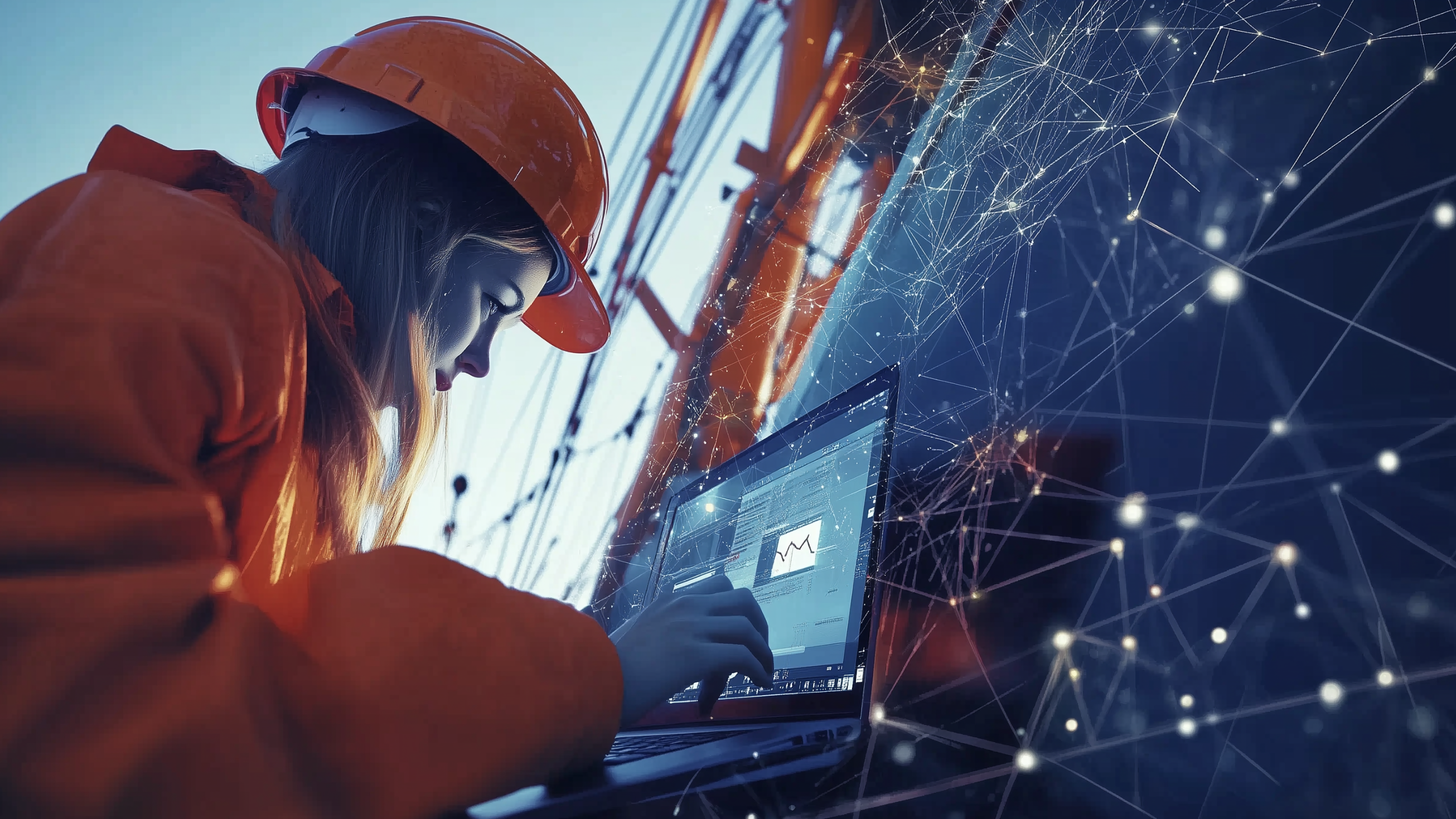 "Female maritime engineer in an orange safety helmet working on a laptop aboard a commercial vessel, with digital network graphics representing advanced technology, data analytics, and innovation in the maritime industry."