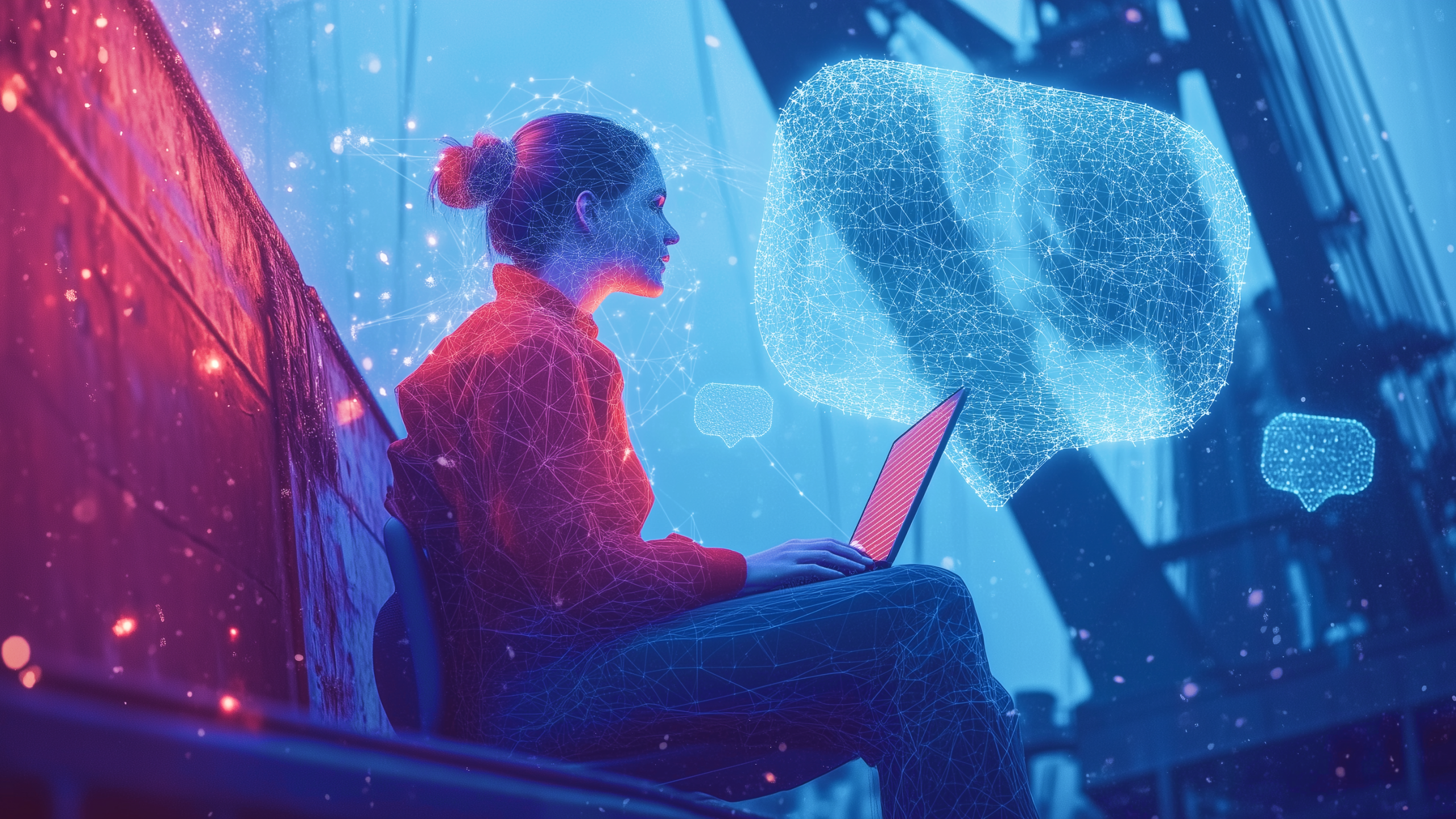 "Digital artwork of a person sitting at a harbor with a laptop, surrounded by glowing, interconnected digital speech bubbles and networks, symbolizing communication and technology. The background features faint glimpses of a crane and shipping containers, with vibrant blue and red lighting effects adding a futuristic atmosphere."